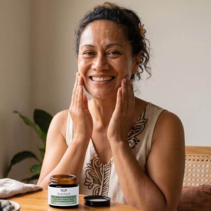 Middle aged Pacifica woman smiling and applying Scenturie Natural Day Cream to her dry skin for hydration
