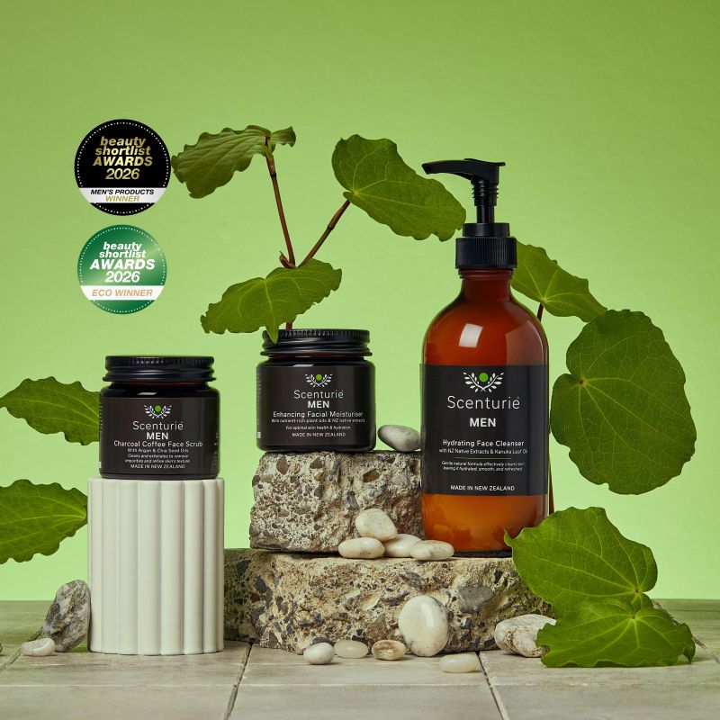 Scenturie MEN award-winning skincare range in sustainable amber glass. Features the 2026 International Beauty Shortlist Gold Winner logo for Best Skincare Range for Men and Men's Product of the Year, as well as the eco-winner logo for best plastic-free product 2026