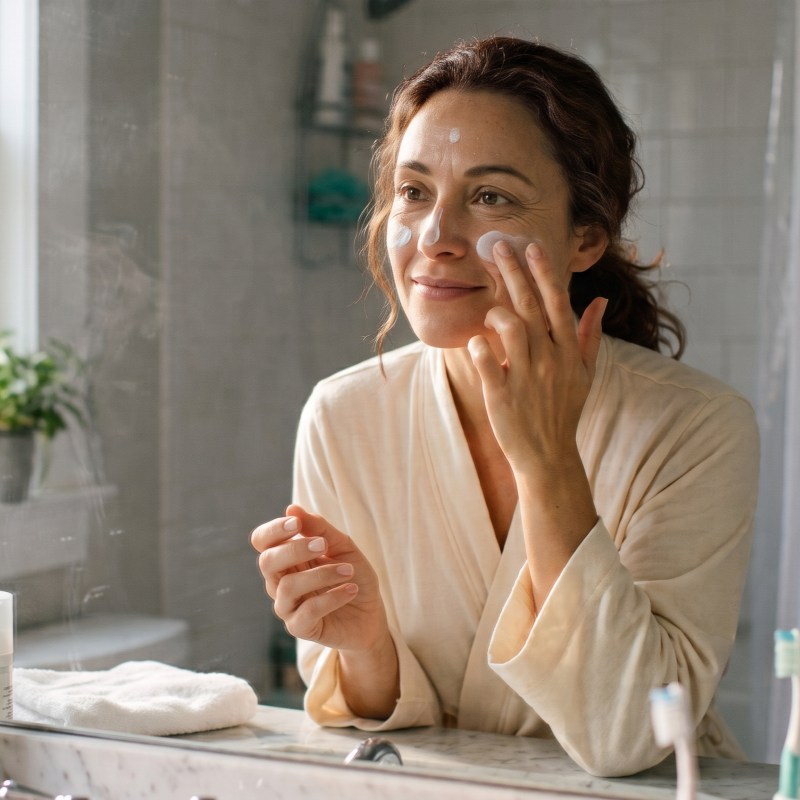 middle aged woman applying sunscreen to face to help protect sensitive skin