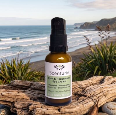 Bottle of Scenturie Firm & Regenerate Natural Eye Cream sitting on driftwood with a New Zealand beach in the background.