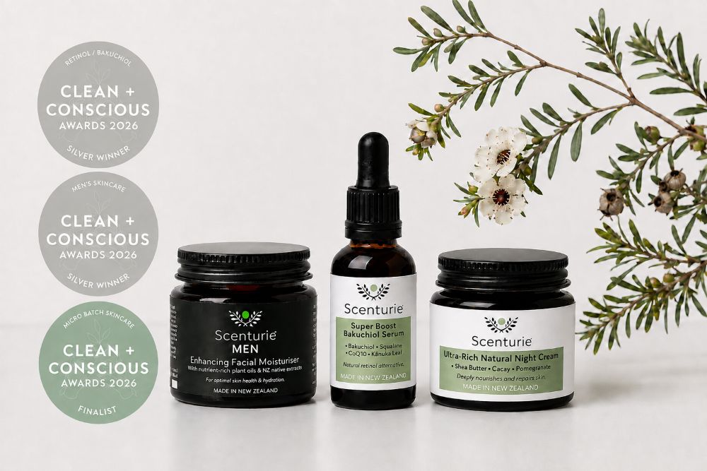 Scenturie Natural Skincare Winners at 2026 Clean + Conscious Awards: Super Boost Bakuchiol Serum, Men's Enhancing Facial Moisturiser, & Ultra-Rich Natural Night Cream