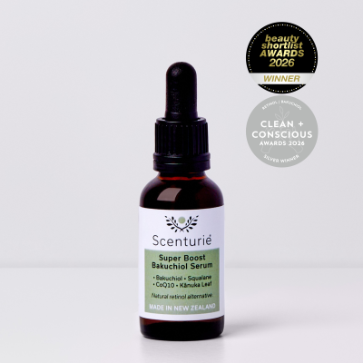 Scenturie Natural Skincare Super Boost Bakuchiol Serum with winner logos for Best Bakuchiol Serum