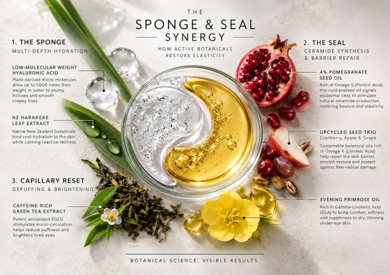 natural ingredients featured in Scenturie's Firm & Regenerate Eye Cream - pomegranate, hyaluronic acid, harakeke, and sustainable upcycled seed oils.