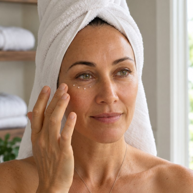 mature woman gently applying natural eye cream beneath her eyes as part of a skincare routine