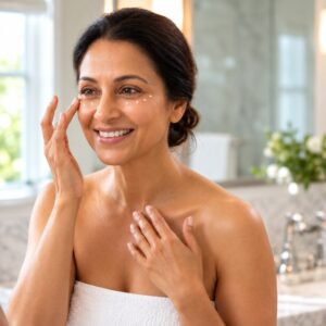 Middle-aged woman gently applying eye cream beneath her eyes as part of a natural skincare routine, with healthy radiant skin