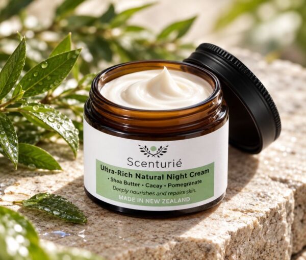 Scenturie botanical face cream in amber glass jar formulated with safe ECOCERT natural preservatives
