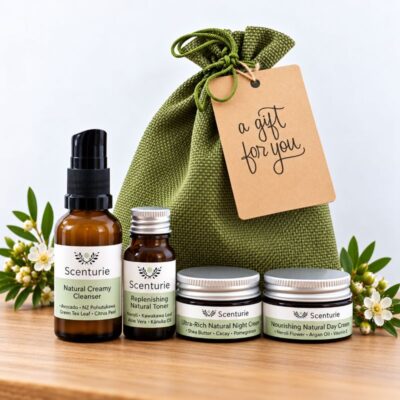 Botanical skincare discovery gift set featuring four amber glass mini bottles and jars arranged in front of a natural green jute drawstring gift bag with a gift tag.