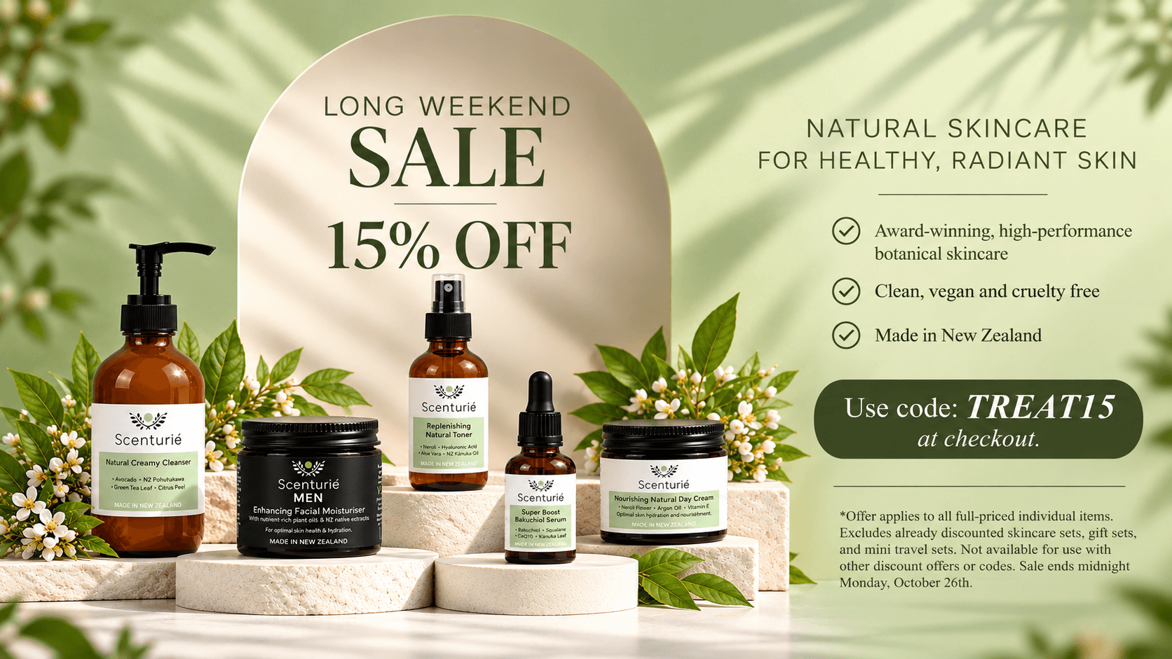 Scenturie skincare products with a green and neutral coloured background. Text announcing 15% off sale this weekend.