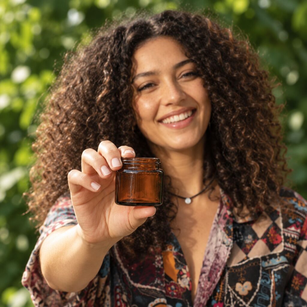 smiling woman holding an empty amber glass jar - part of the Scenturie Loop recycling programme
