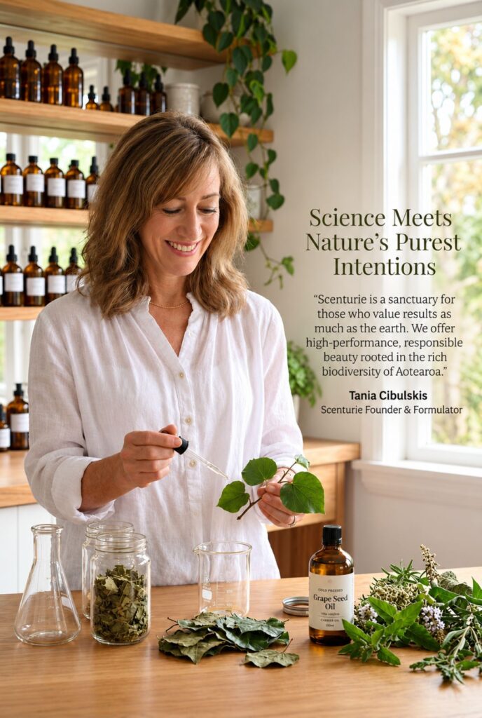 Tania Cibulskis, Scenturie founder and health science expert, formulating natural skincare with botanical ingredients like Kawakawa and Grape Seed Oil in an Auckland studio.