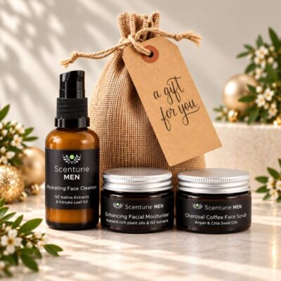 Scenturie MEN natural skincare travel gift set featuring mini face cleanser, facial moisturiser and charcoal coffee face scrub for skincare on the go.