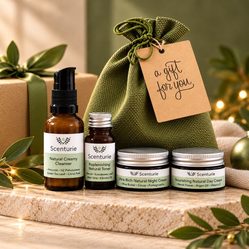 Scenturie natural skincare gift set featuring cream cleanser, hydrating toner, night cream and day cream with reusable olive-green gift packaging for Christmas.