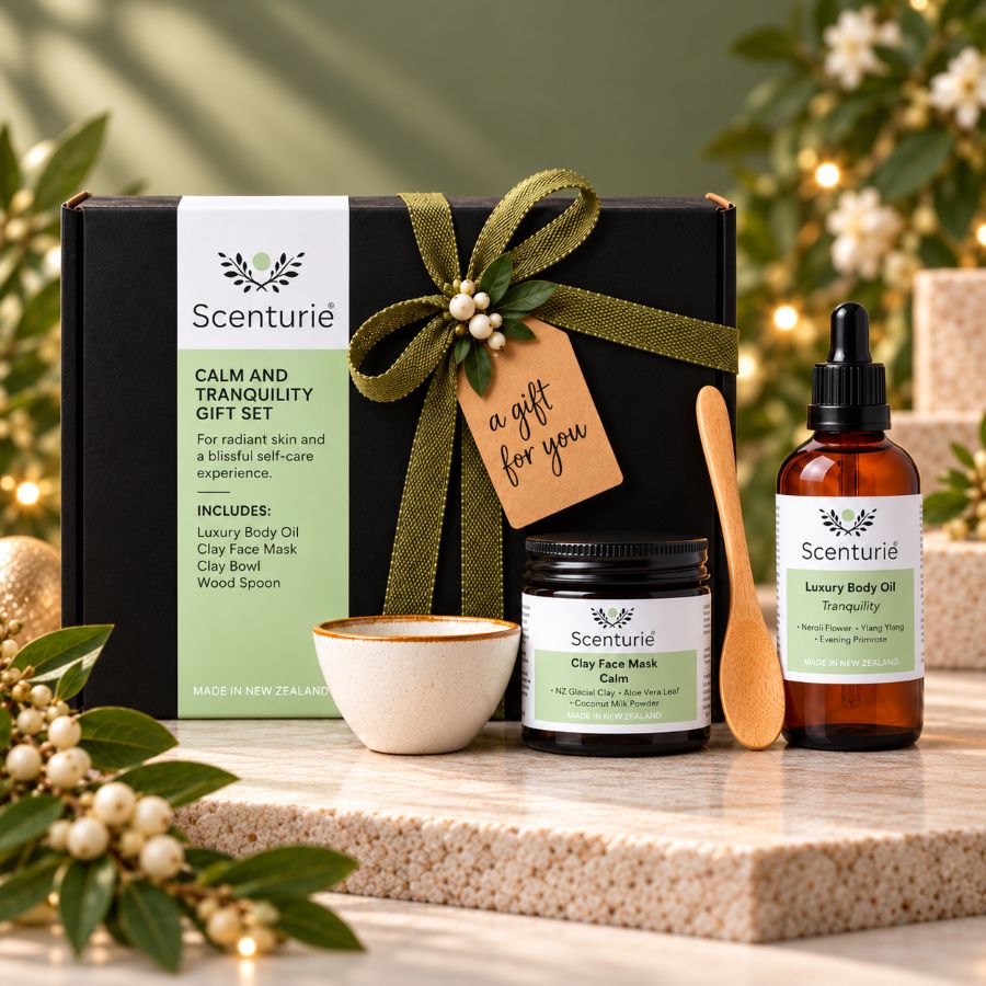 Scenturie Calm and Tranquility Gift Set featuring a natural clay face mask, clay bowl, wooden spoon and Tranquility Luxury Body Oil in festive olive-green styling.