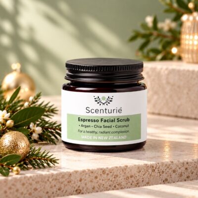 Scenturie Espresso Facial Scrub with argan oil, chia seed and coconut, styled with minimalist Christmas greenery and gold ornaments.