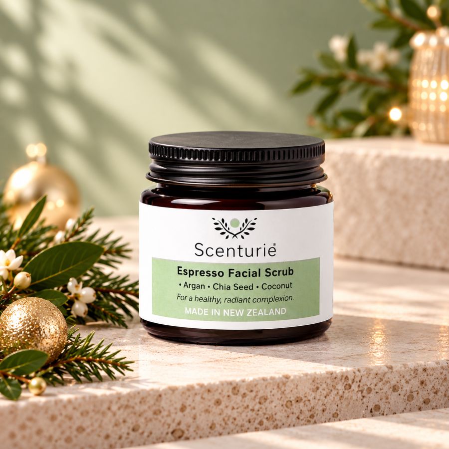 Scenturie Espresso Facial Scrub with argan oil, chia seed and coconut, styled with minimalist Christmas greenery and gold ornaments.