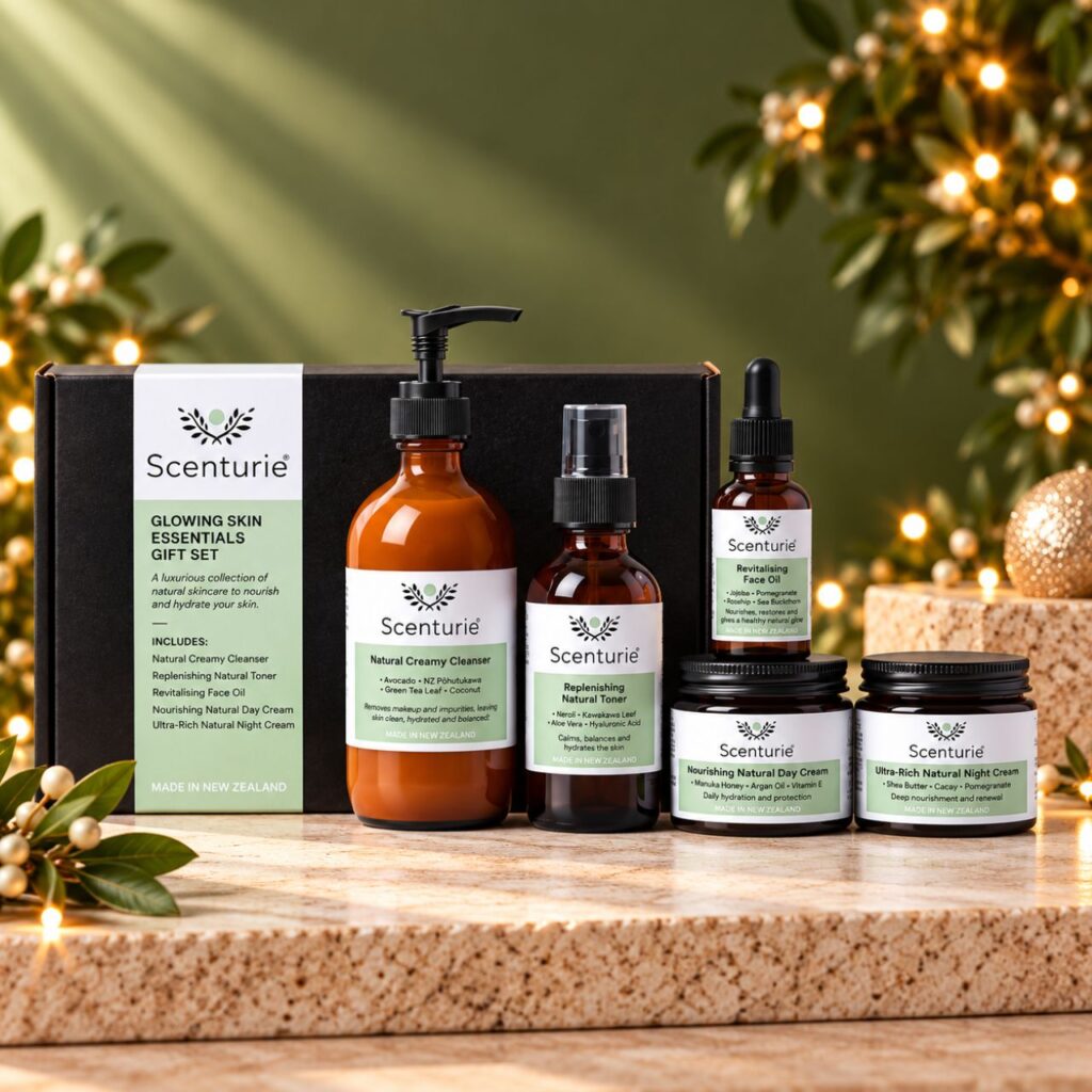 Scenturie Glowing Skin Essentials Gift Set featuring natural cream cleanser, replenishing toner, revitalising face oil, nourishing day cream and ultra-rich night cream, styled with festive greenery and warm Christmas lights.
