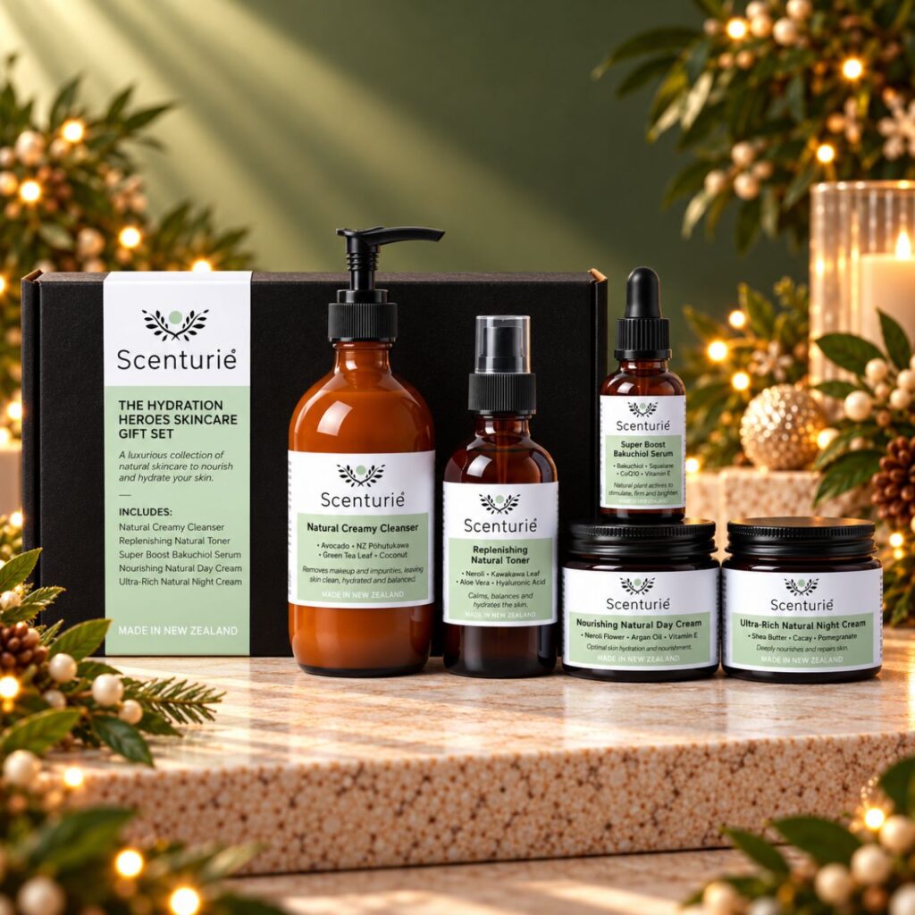 Scenturie Hydration Heroes Skincare Gift Set featuring natural creamy cleanser, replenishing toner, bakuchiol serum, nourishing day cream and ultra-rich night cream, styled with festive greenery and warm Christmas lights.