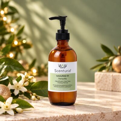 Scenturie Luxury Body & Massage Oil Tranquility in amber glass bottle, styled with natural botanicals and elegant Christmas gift decorations.