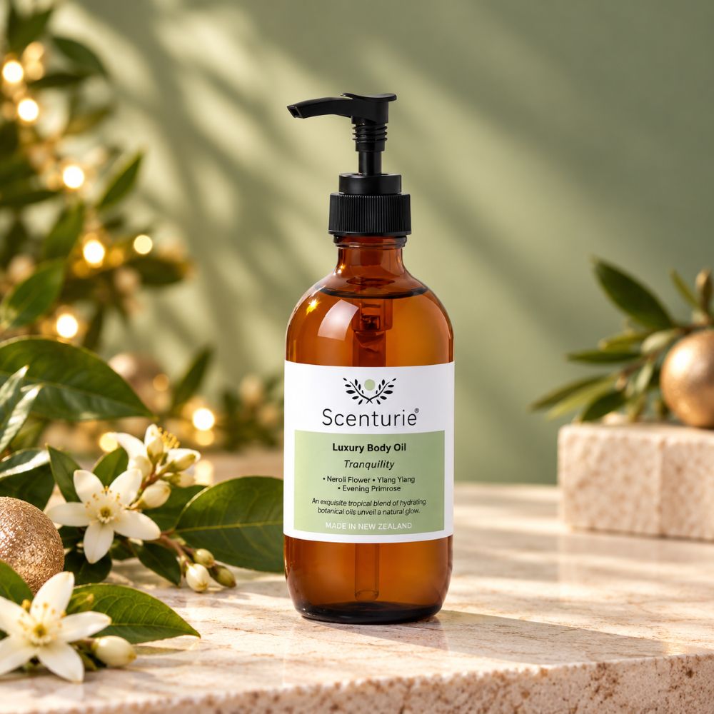 Scenturie Luxury Body & Massage Oil Tranquility in amber glass bottle, styled with natural botanicals and elegant Christmas gift decorations.