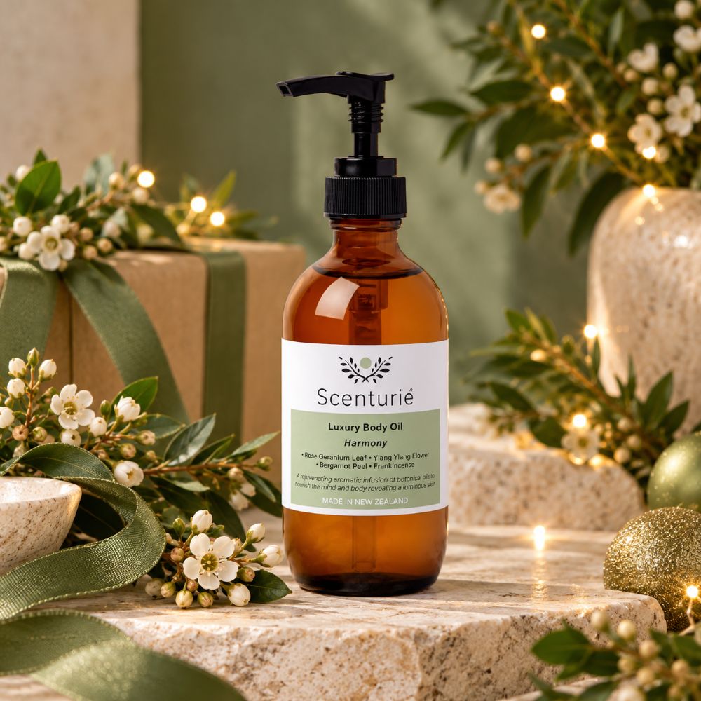 Scenturie Luxury Body Oil Harmony in amber glass bottle, styled with natural botanicals and elegant Christmas gift decorations.