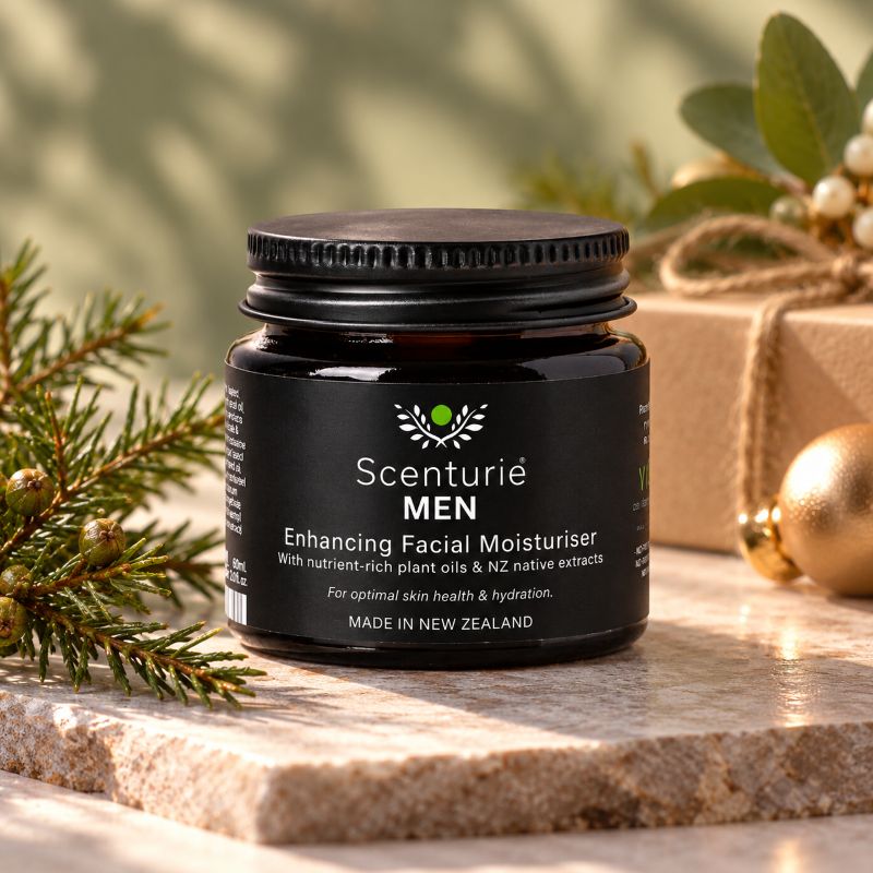 Scenturie MEN Enhancing Facial Moisturiser – natural men’s skincare in a premium jar with elegant Christmas botanical styling.