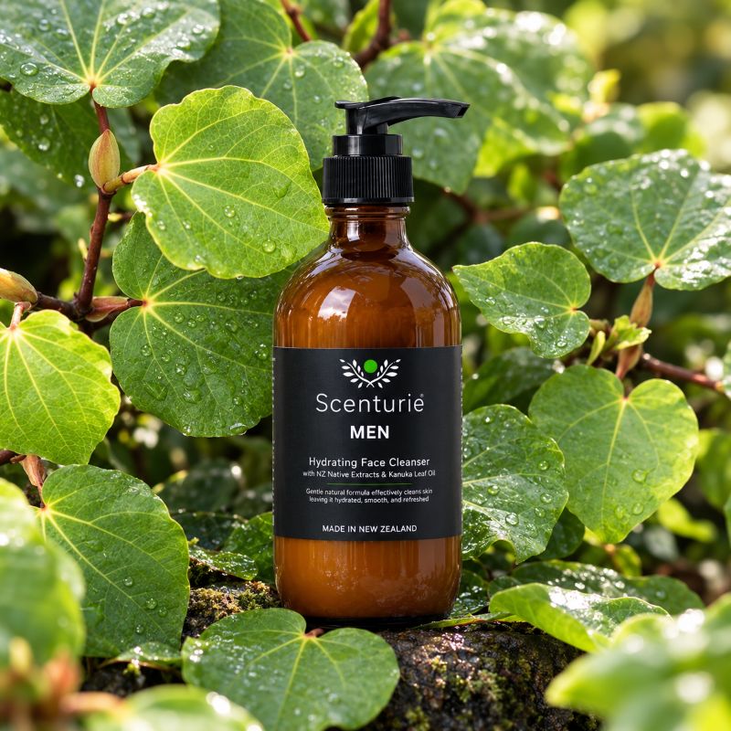 Scenturie Men's Hydrating Face Cleanser with a background of NZ native kawakawa leaves