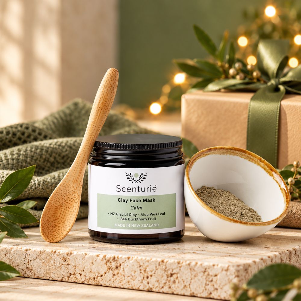 Scenturie Calm Natural Clay Face Mask with bamboo spoon and clay bowl, styled with sage-green festive gift wrapping for Christmas skincare gifting.