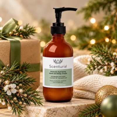 Scenturie Ultimate Hydrating Hand and Body Cream in amber glass bottle with festive greenery and natural gift wrapping, a Christmas skincare gift from New Zealand.