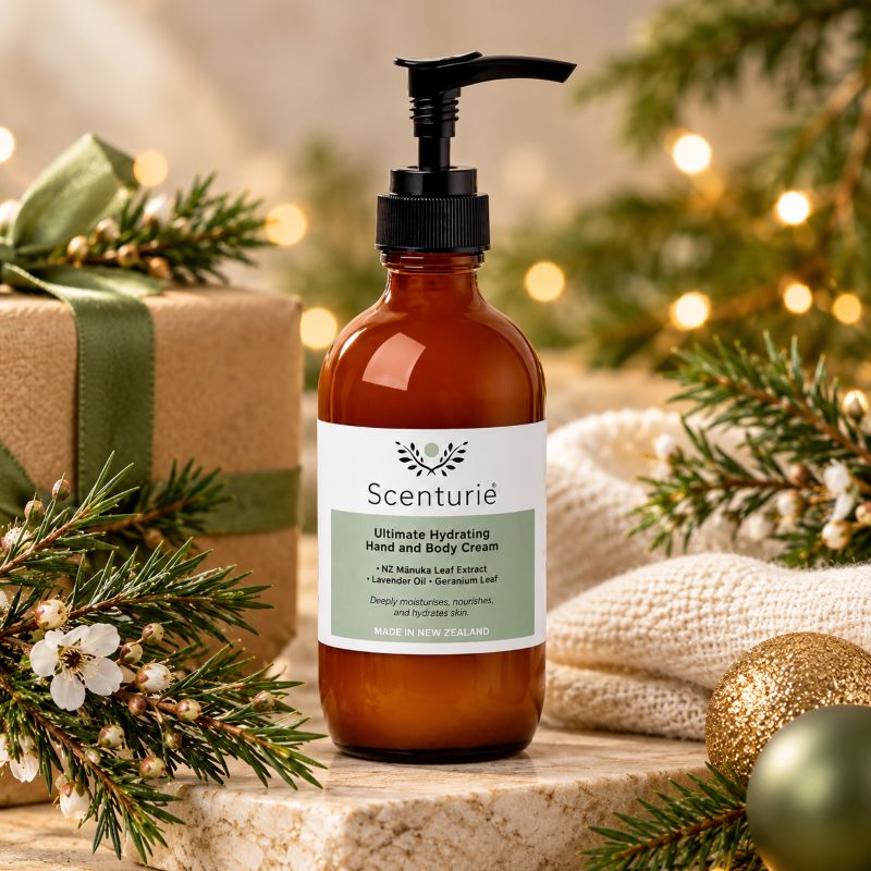 Scenturie Ultimate Hydrating Hand and Body Cream in amber glass bottle with festive greenery and natural gift wrapping, a Christmas skincare gift from New Zealand.