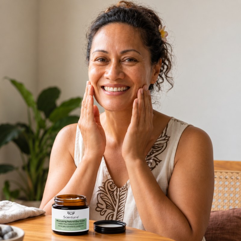 Smiling mature woman applying Scenturie natural day cream to hydrate dry skin