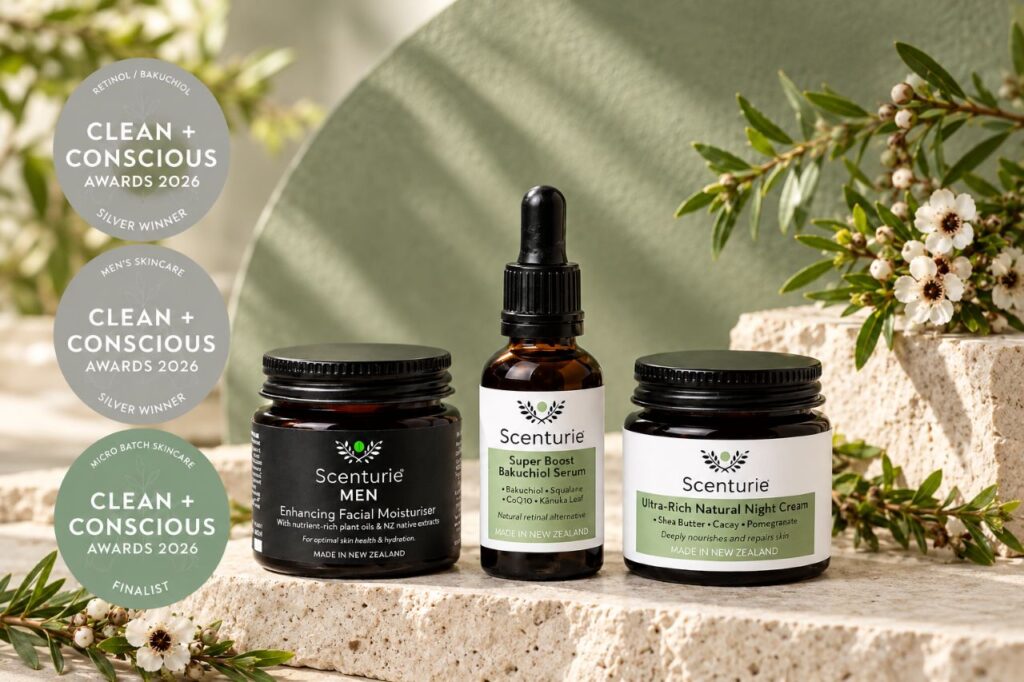 Scenturie night cream, bakuchiol serum, and men's moisturiser with Clean + Conscious award logos - winners 'best in category'