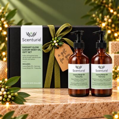 Scenturie Radiant Glow Luxury Body Oil Gift Set featuring Harmony and Tranquility body oils in amber glass bottles with an olive-green Christmas ribbon and gift tag.