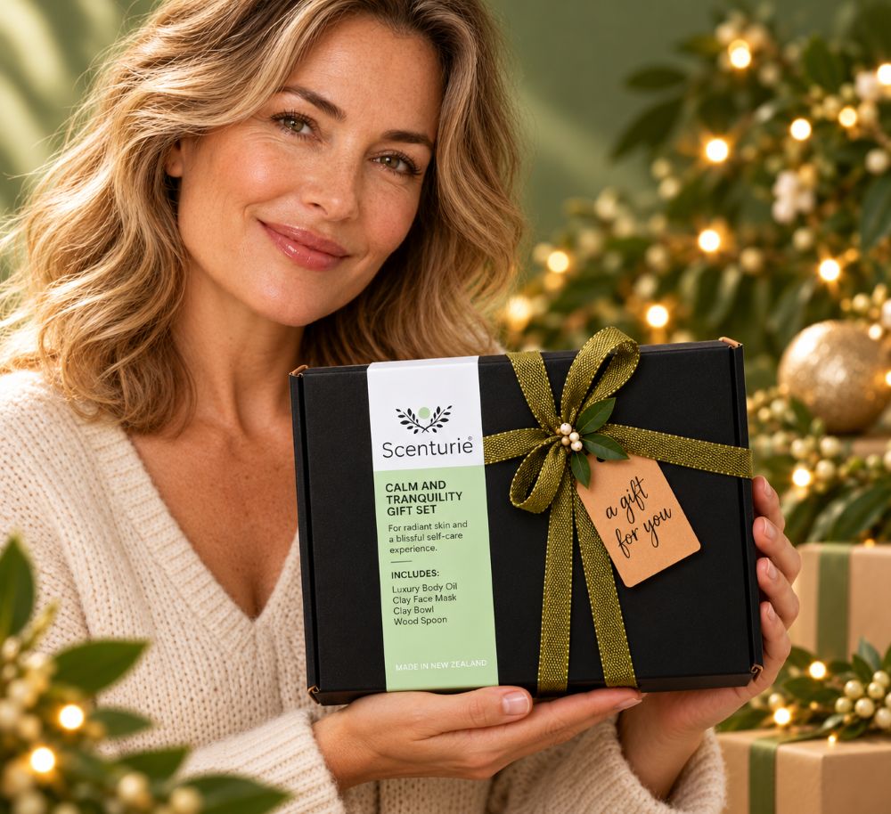 woman holding scenturie natural skincare gift set with Christmas themed background